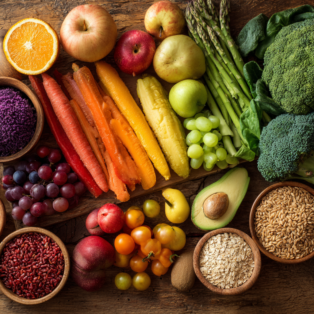 Colorful array of fresh vegetables, fruits, and whole grains arranged thoughtfully on a wooden surface