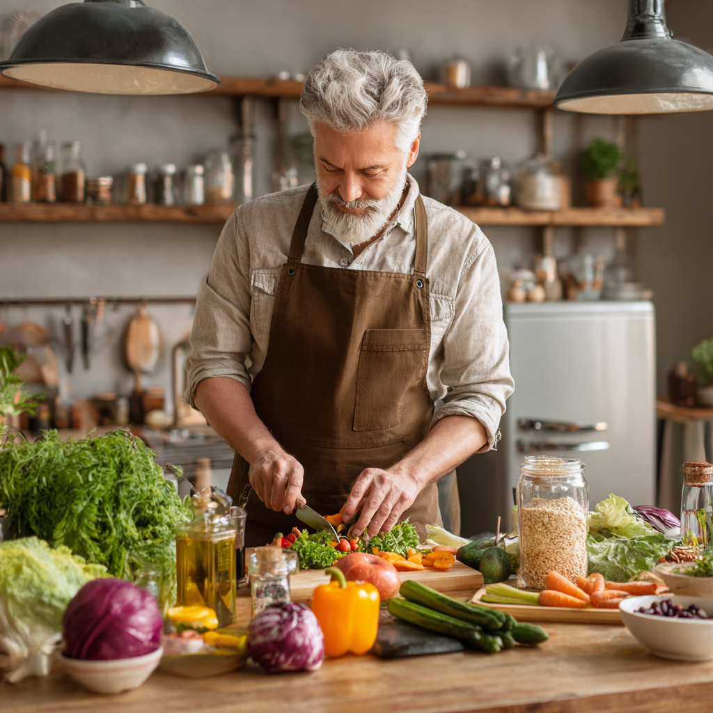 Middle-aged person preparing fresh vegetables and grains in a modern kitchen